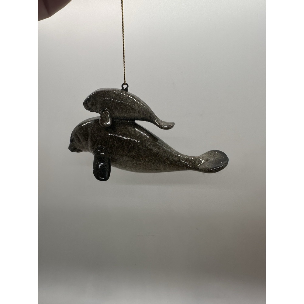 Manatee Mom & Baby Ornament Coastal Sea Animal Pottery Style Brown 5" Hanging